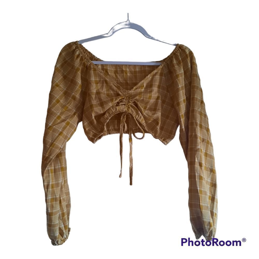 Romwe Cinched Rouched Plaid Balloon Sleeve Crop Top